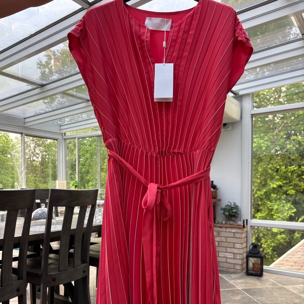 Boss Red Pleated Midi Sundress with Flutter Sleeves